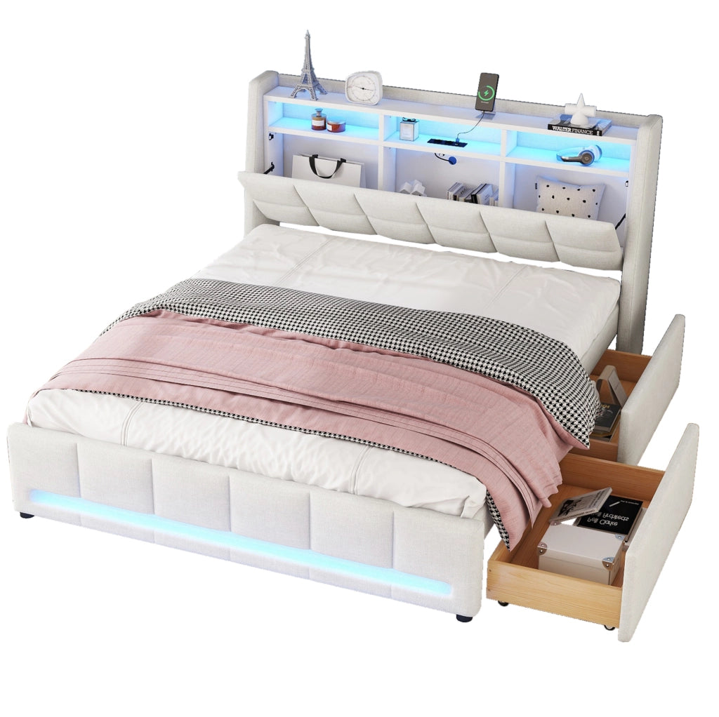 Polsterbett 140x200 cm con LED APP, USB e 2 cassetti, colore beige