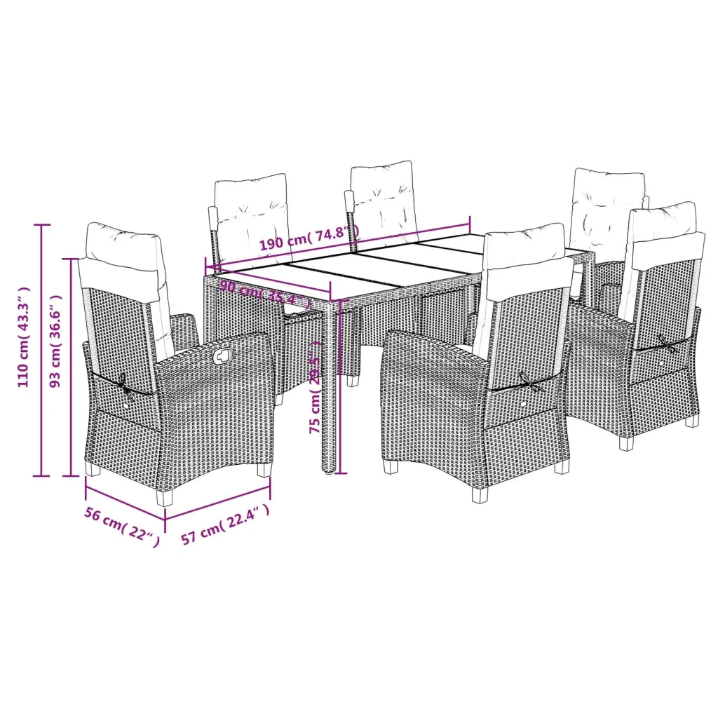 Set da Pranzo da Giardino 7 pz Nero con Cuscini in Polyrattan 3212632
