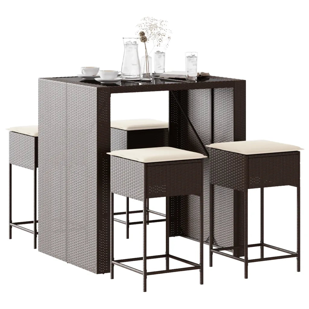 Set Bar da Giardino 5 pz | Set Salotto da Giardino con Cuscini in Polyrattan Marrone