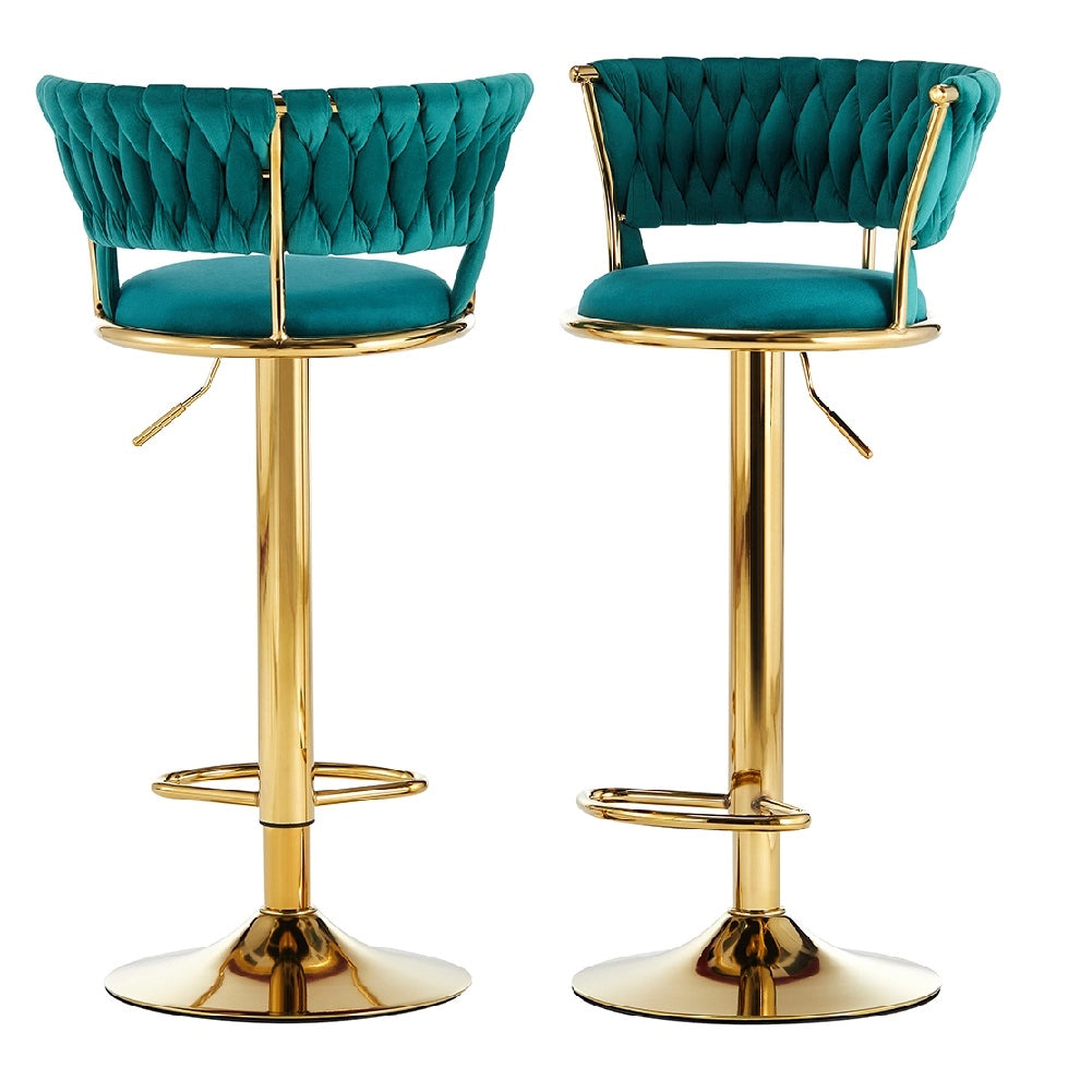 Coppia Sgabelli da Cucina Bar Schienale Intrecciato Velluto e Struttura Oro Verde
