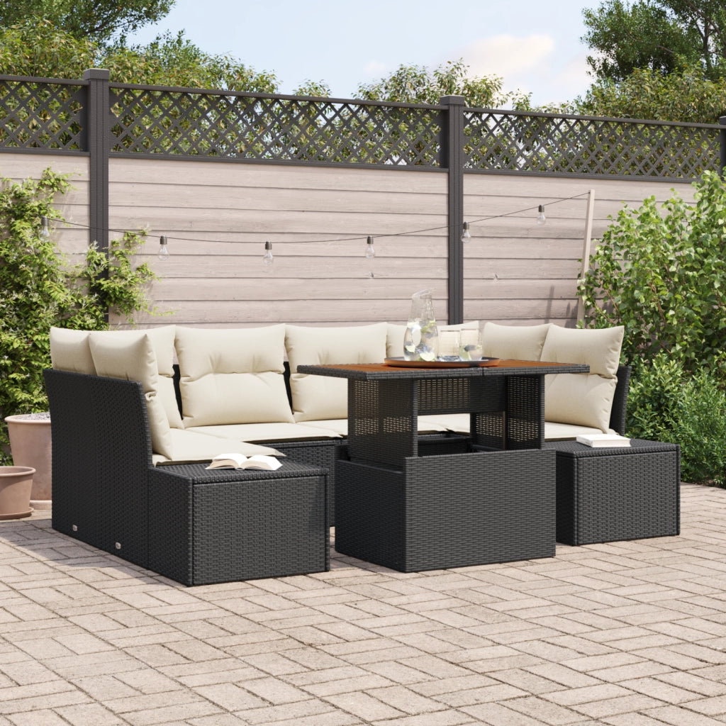 Set Divano da Giardino a 7 Pezzi con Cuscini Nero Rattan Polietilene