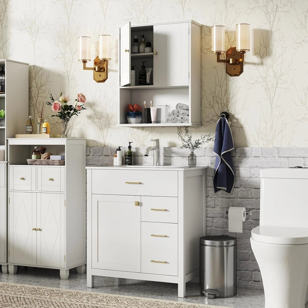 Mobile da Bagno da Parete, Mobiletto Salvaspazio a Muro a 2 Ante con Ripiano Aperto e Ripiano Regolabile, Armadietto per Cucina, Soggiorno e Ingresso, 60 x 21 x 75 cm (Bianco)