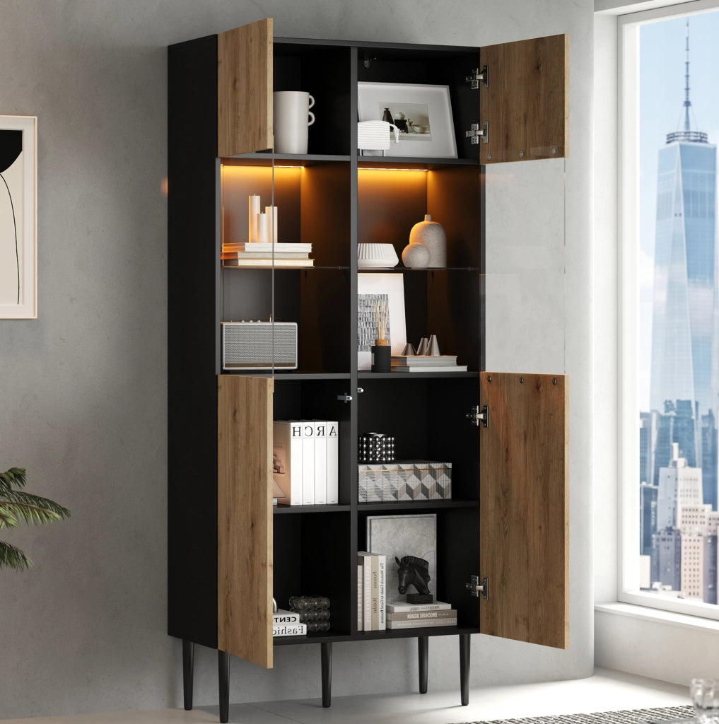 Vetrina moderna con LED, 10 vani e ante in vetro temperato