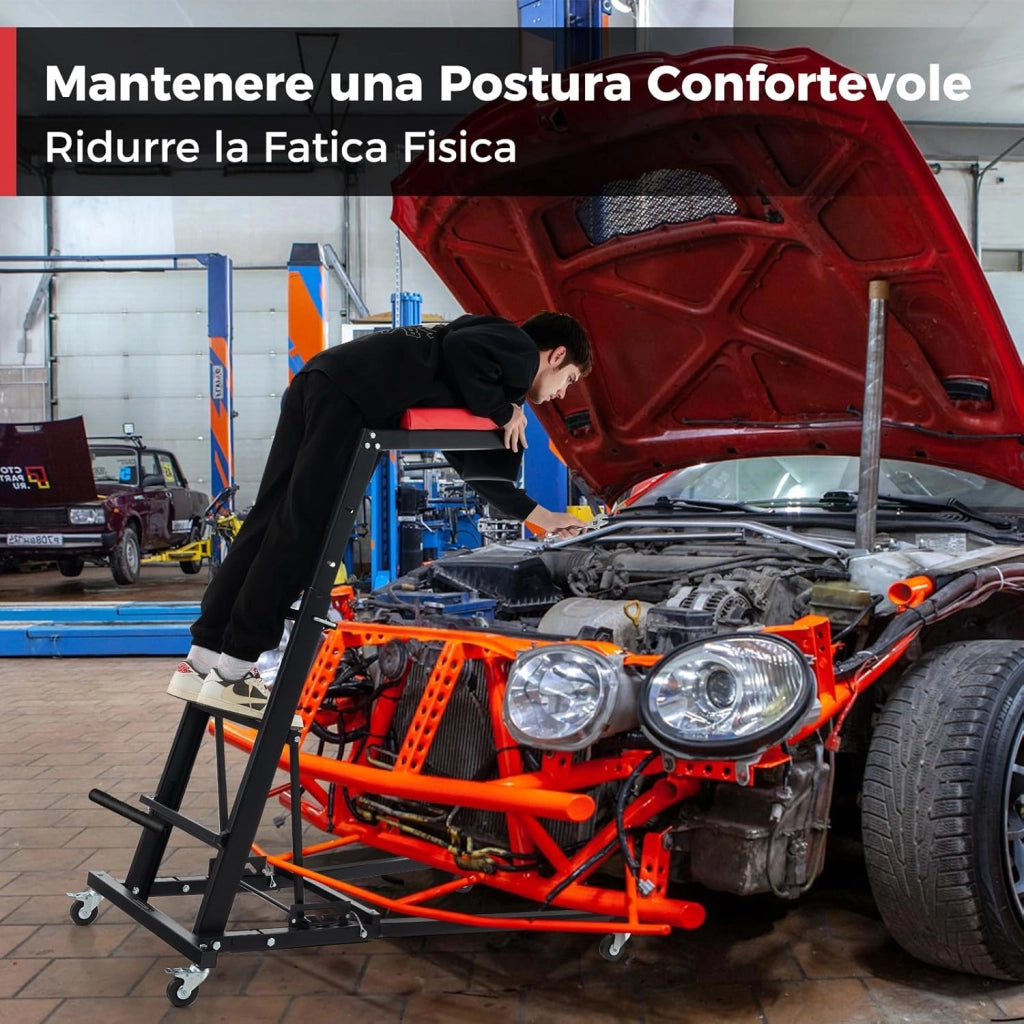 Creeper Pieghevole per Motore, Creeper per Motore Auto con Altezza Regolabile e Angolazione, 4 Ruote, Piattaforma Imbottita, Capacità Carico 180kg, per Garage e Officina di Riparazione