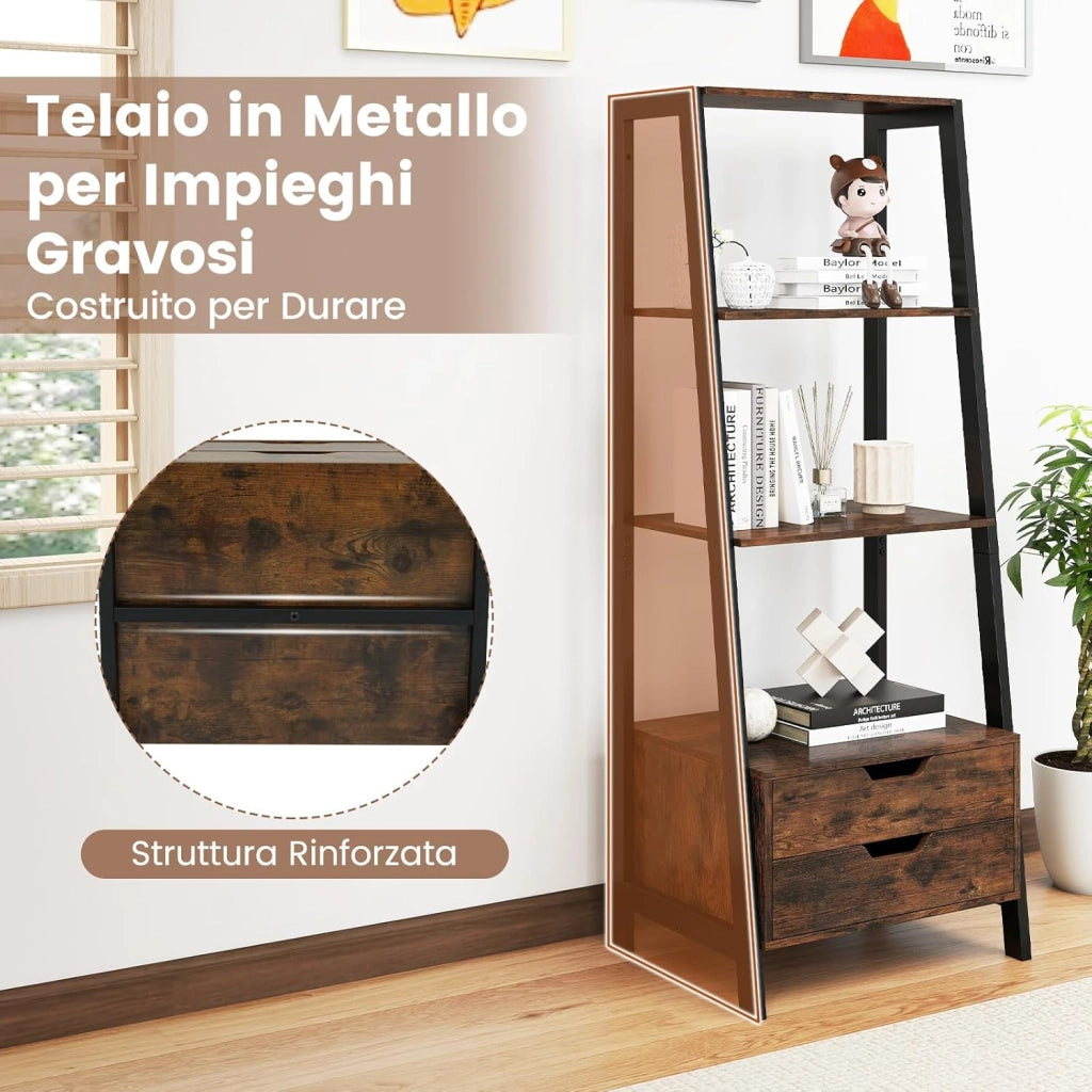 Scaffale a Scala, Libreria in Legno a 4 Ripiani con 2 Cassetti, Scaffale Salvaspazio da Terra per Camera da Letto, Studio, Ufficio e Soggiorno, 52 x 39,5 x 134 cm (Marrone)