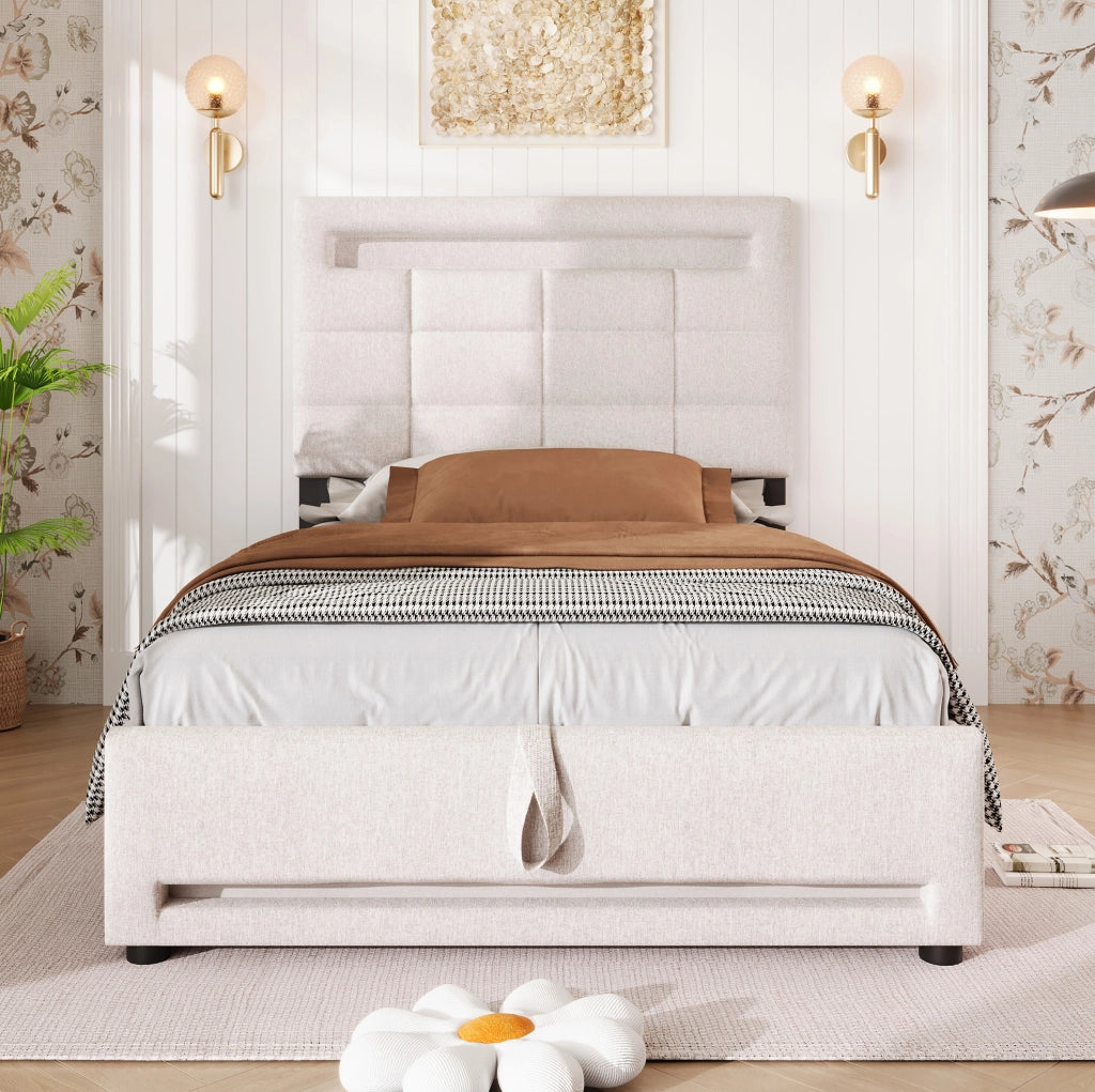 Letto imbottito 90x200 cm con LED APP, USB e contenitore idraulico
