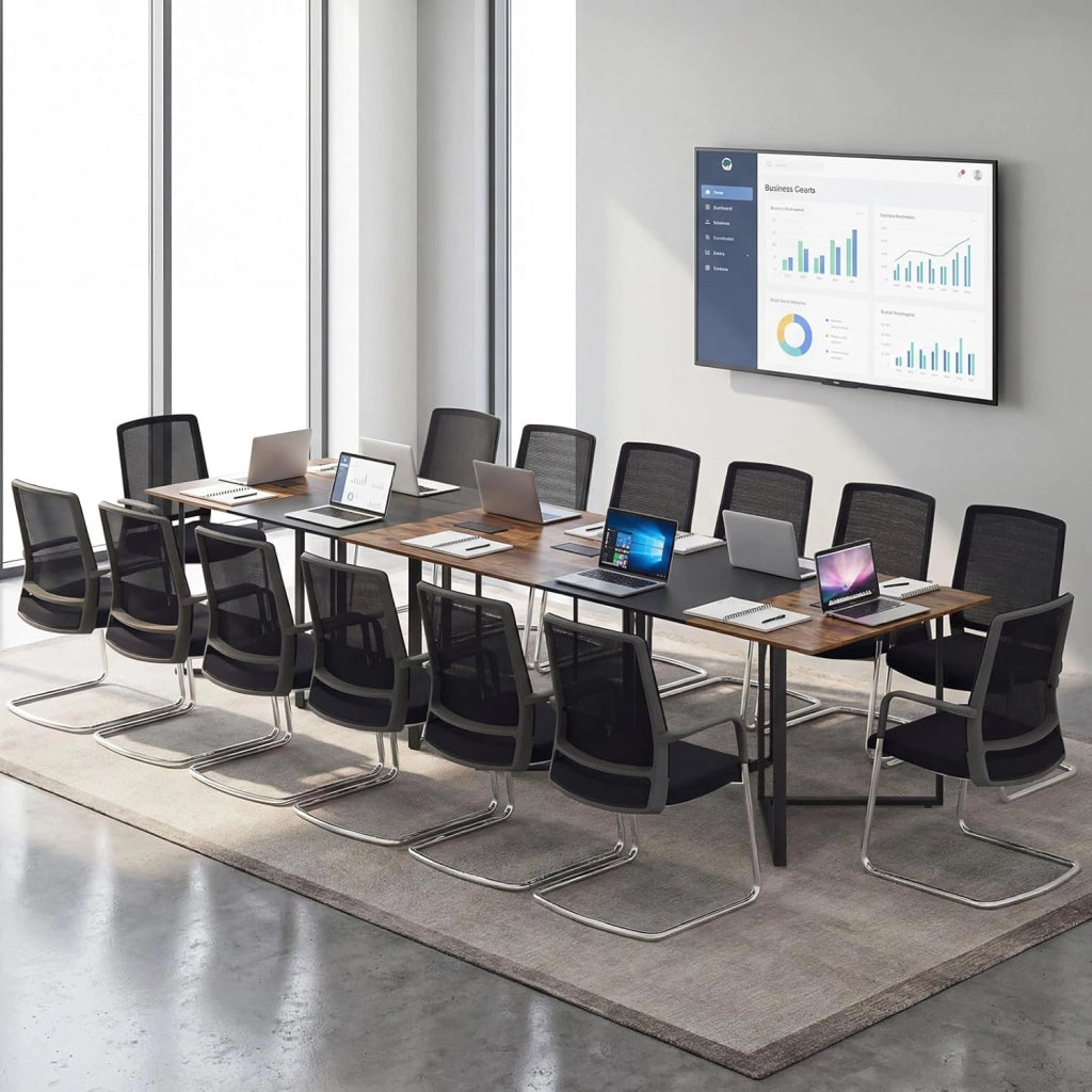 Tavolo da Conferenza 180 x 100 cm, Tavolo Riunioni Grande per 6-8 Persone, Postazione da Lavoro Stile Industriale con 2 Passacavi per Ufficio e Sala Riunioni