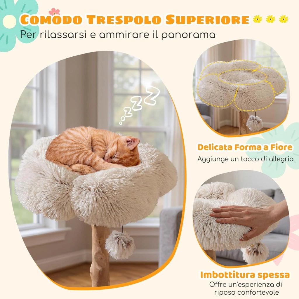Albero per Gatti, Tiragraffi per Gattini Alta 122 cm con Ramo in Legno con Piattaforma a Fiore, 2 Cesti in Rattan, Pali Tiragraffi in Juta e Pallina Pendente, Mobile per Gatti da Interno