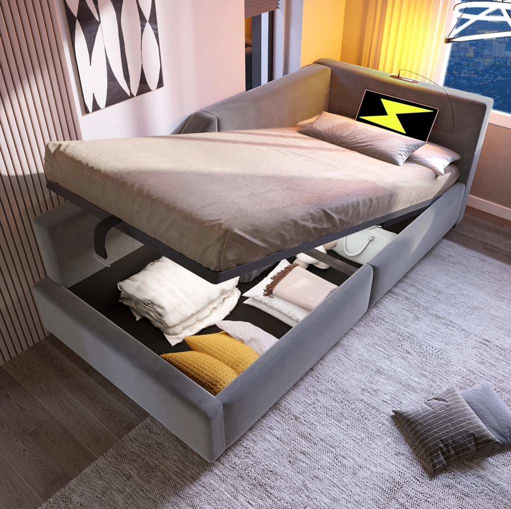 Letto daybed in velluto grigio 90x190 cm con contenitore idraulico; luce da lettura e USB-C