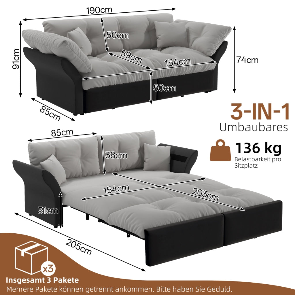 Divano letto 3 in 1 - con funzione chaise longue e 2 cuscini - in velluto - grigio chiaro