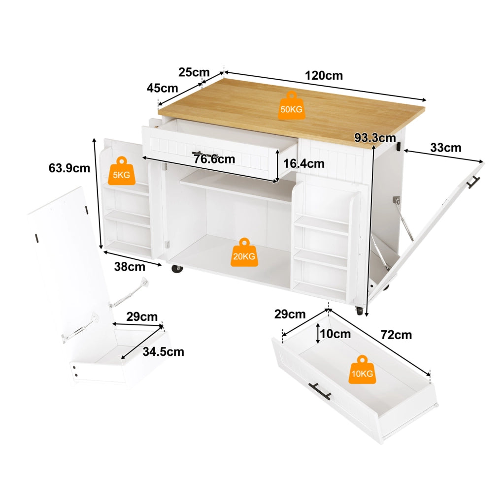 Isola cucina mobile bianca in MDF con piano ribaltabile