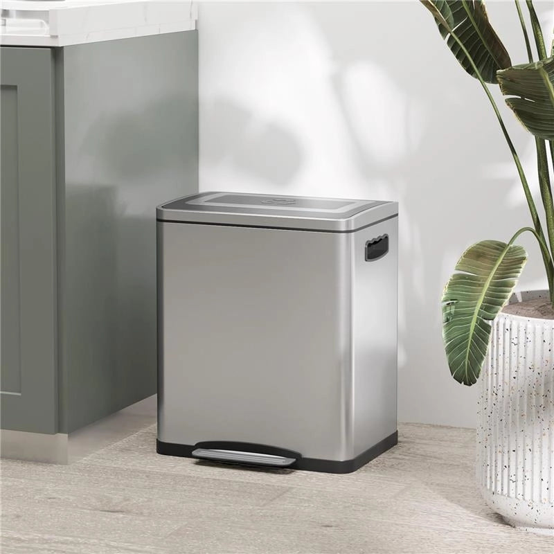 BIDONE IMMONDIZIA A 2 SEZIONI DA 15L A PEDALE CON COPERCHIO SILENZIOSO, IN ACCIAIO INOX E PP, 40X34.8X47.5 CM