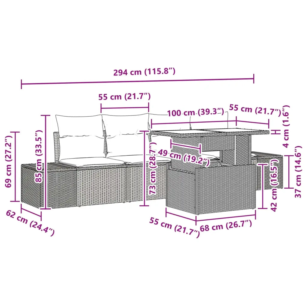 Set di divani con cuscino 5 pcs Marrone e Rosso polyrattan