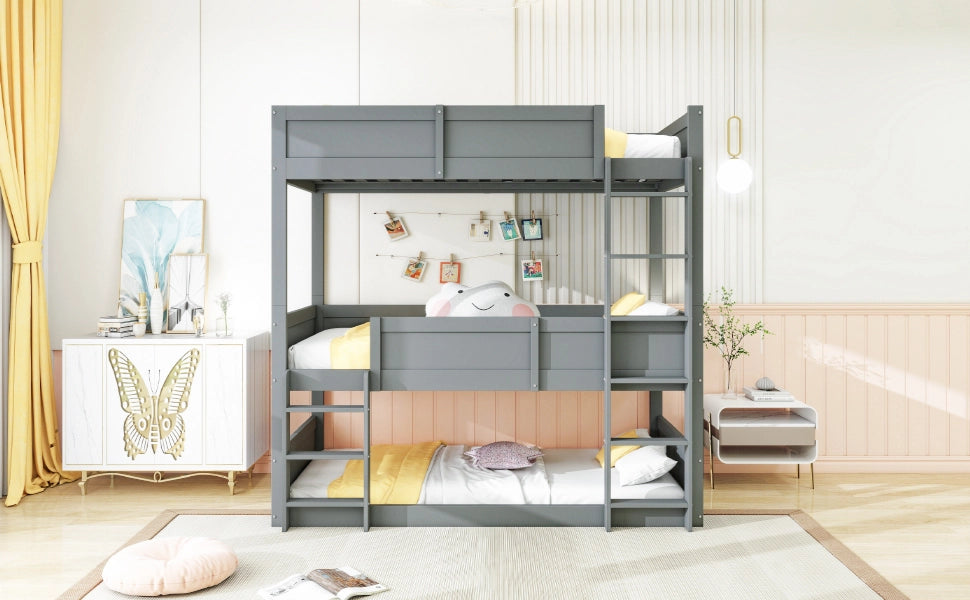 DESMIU Letto a castello 90 × 200 cm 3 posti con protezione alta, senza materasso, in legno, grigio