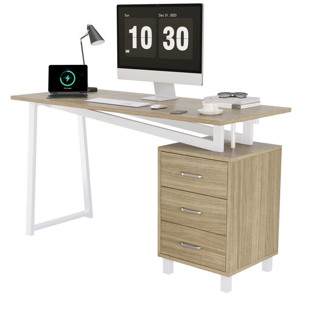 Scrivania con Cassetti e Ripiani in MDF ¨C MINIMAL ¨C Legno Naturale e Bianco 130x55x75