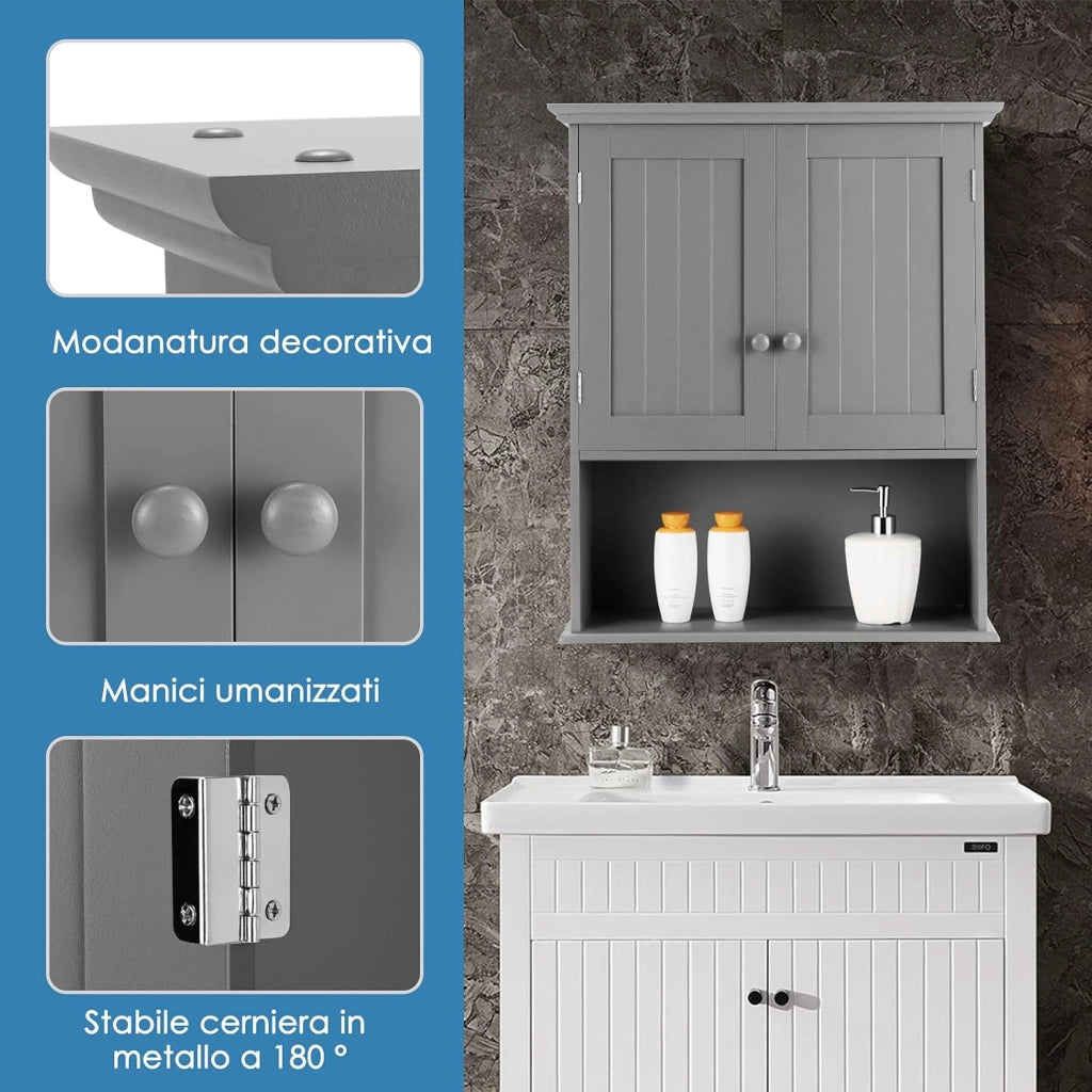 Mobiletto Pensile da Bagno, Mobile Armadietto Bagno sospeso con 2 Porte, Armadietto a Muro delle Medicine, Mensola Regolabile, Capacità di 30 kg (Grigio)