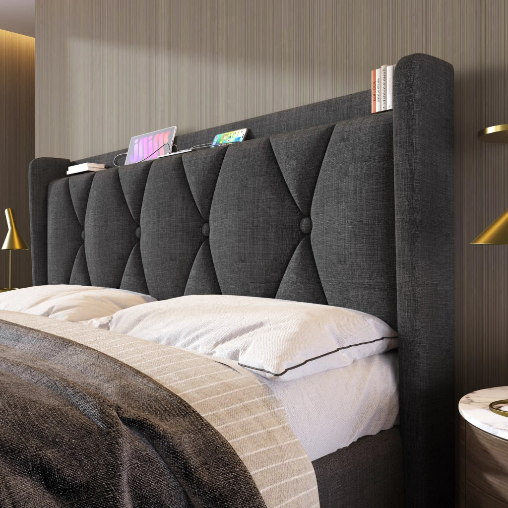 Letto matrimoniale 160x200 cm imbottito grigio in lino con 4 cassetti e porte USB