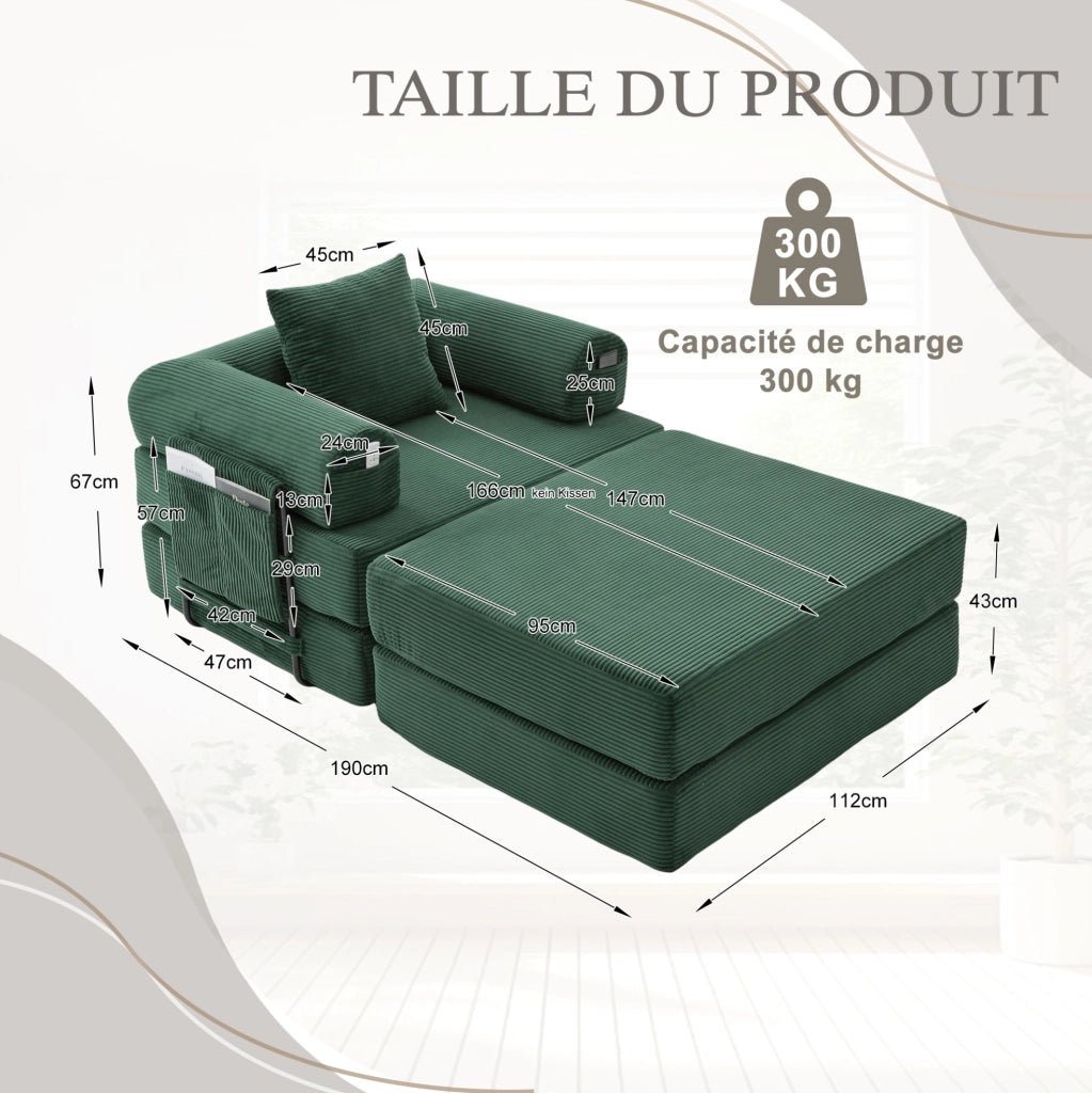 Divano modulare in velluto a coste color smeraldo con pouf; 112 x 190 x 67 cm