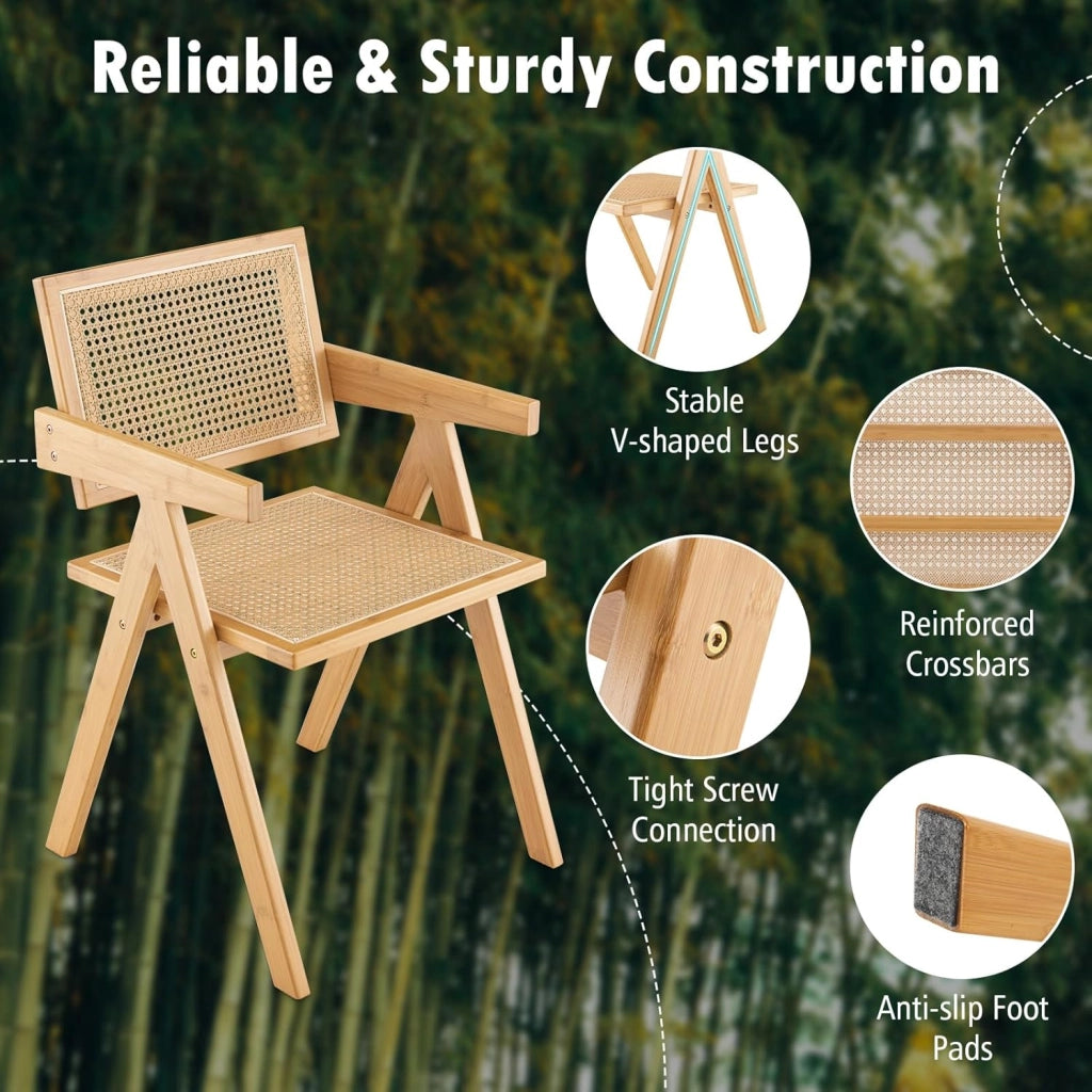 Set Sedie da Pranzo a 2 Pezzi, Schienale e Seduta in Finto Rattan Intrecciato, Sedie da Cucina di Bambù con Braccioli, Sedie in Stile Minimalista per Soggiorno, Balcone e Caffè