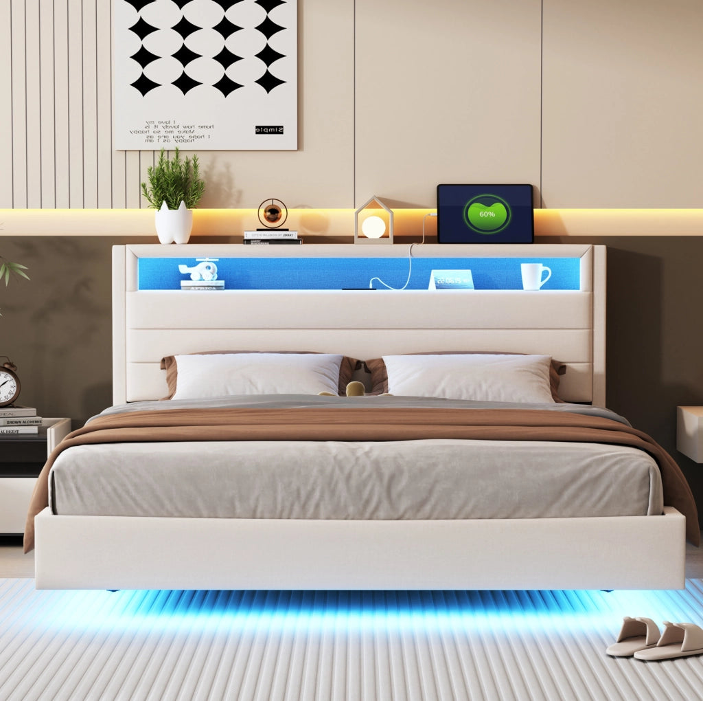 Letto matrimoniale imbottito ULEVR 160x200 cm con testiera girevole, USB e LED multicolore, beige