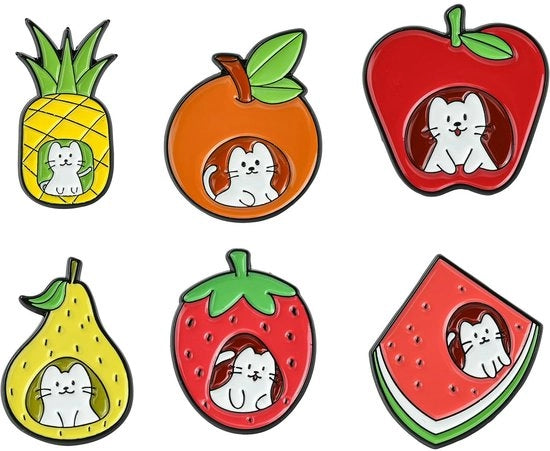 Set di Pin in Esmalda con Frutta e Gatto - 6 Pezzi - Ideale per Abbigliamento e Borse - Adatto per Uomini e Donne