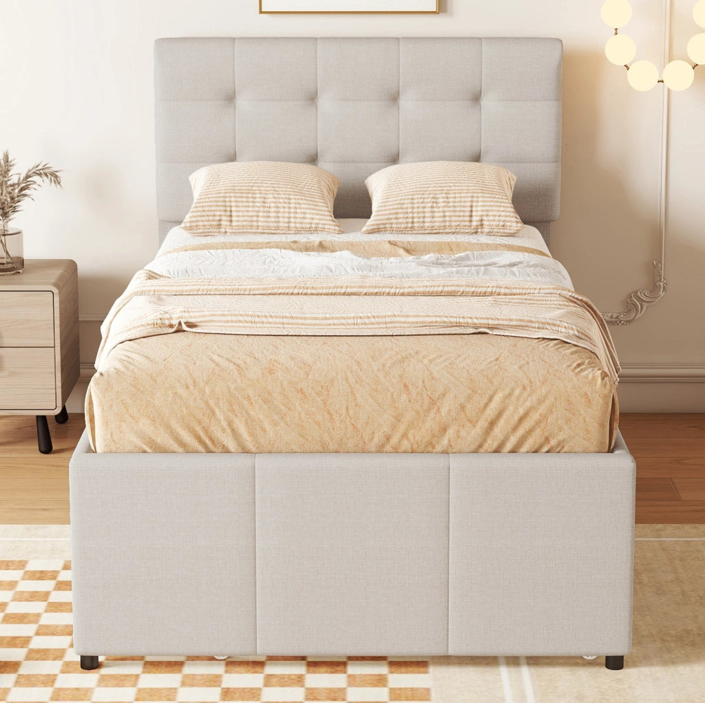 Letto imbottito singolo 90x200 cm con letto estraibile beige