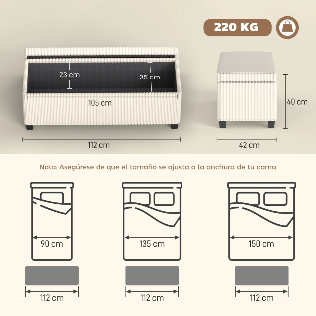 Pouf Contenitore Imbottito in Tessuto Velluto Beige ¨C zephmum ¨C 112x42x40 cm