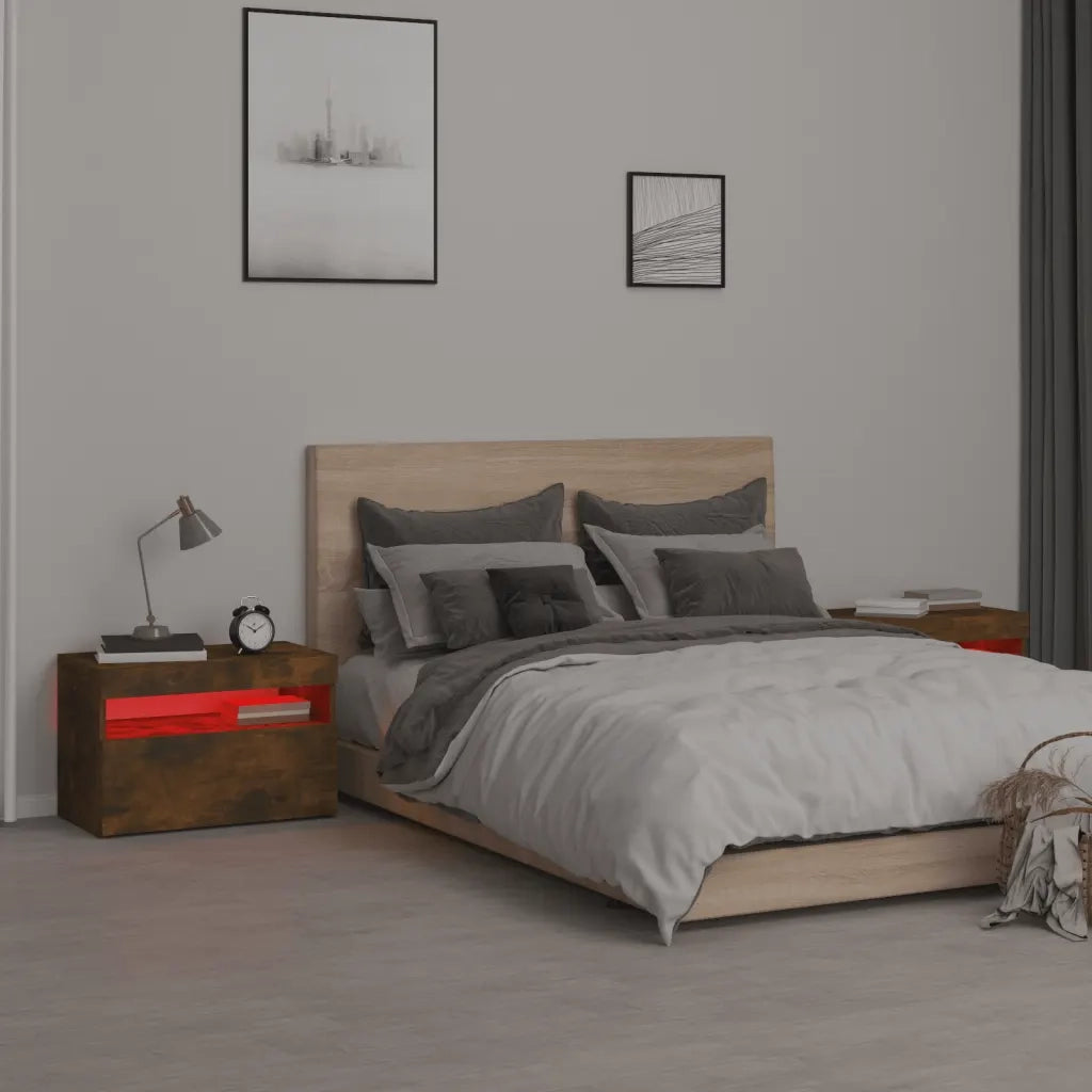 Comodini 2 pz con Luci LED-Set di 2 Tavolino da notte Rovere Fumo 60x35x40 cm