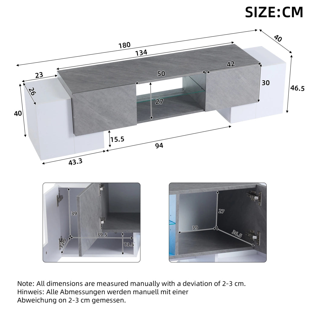 mobile TV 180 x 40 x 46,5 cm bianco e grigio con LED Bluetooth e vani