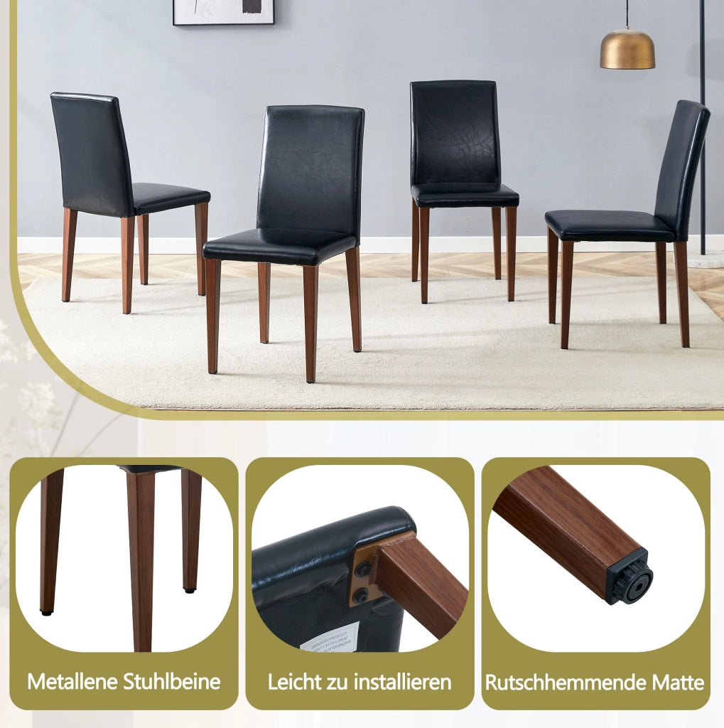 Set 4 sedie da pranzo moderne in similpelle PU nera con gambe in metallo finitura noce