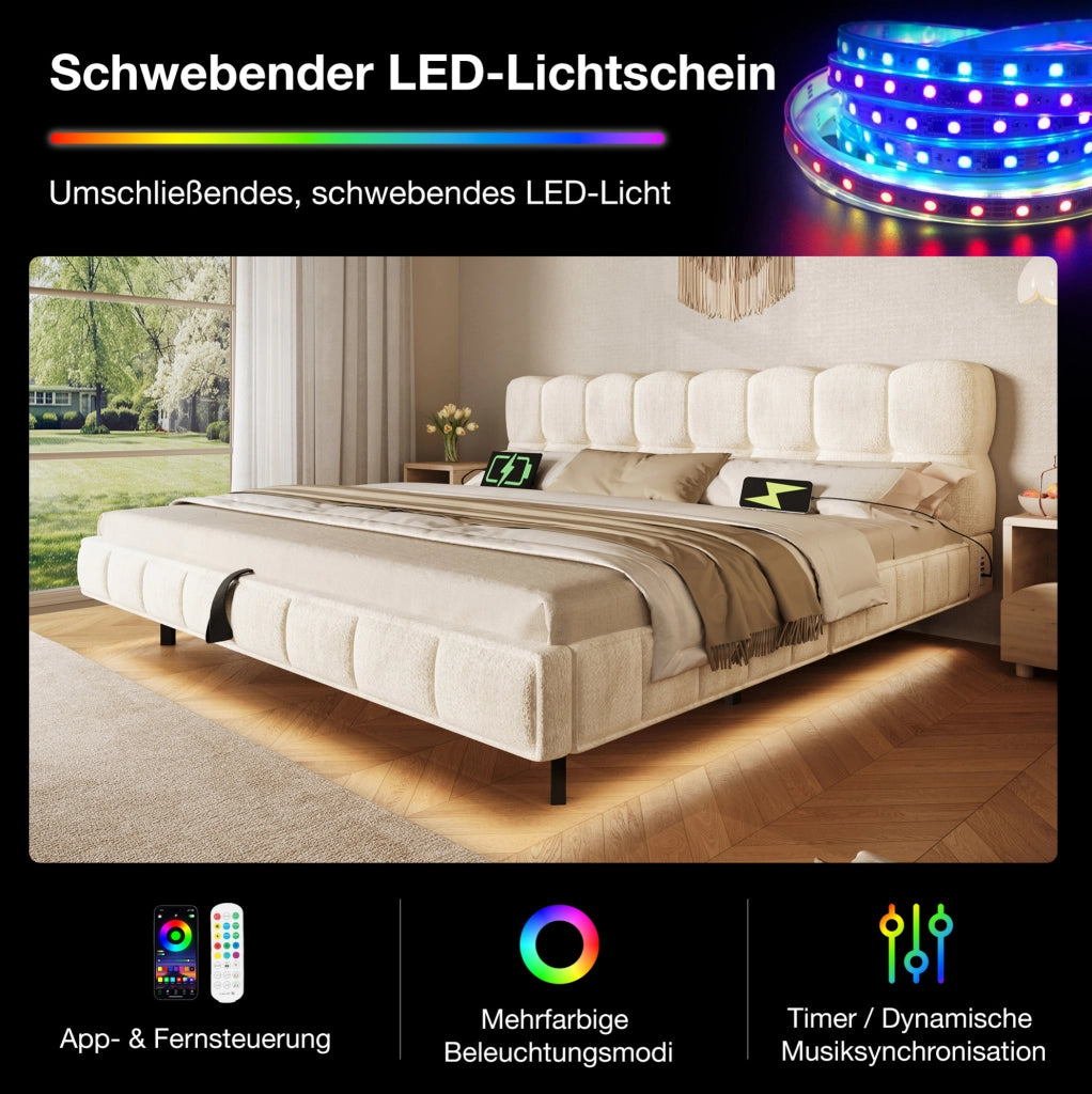 Letto matrimoniale contenitore 160x200 cm con LED e prese USB/Type-C in chenille beige
