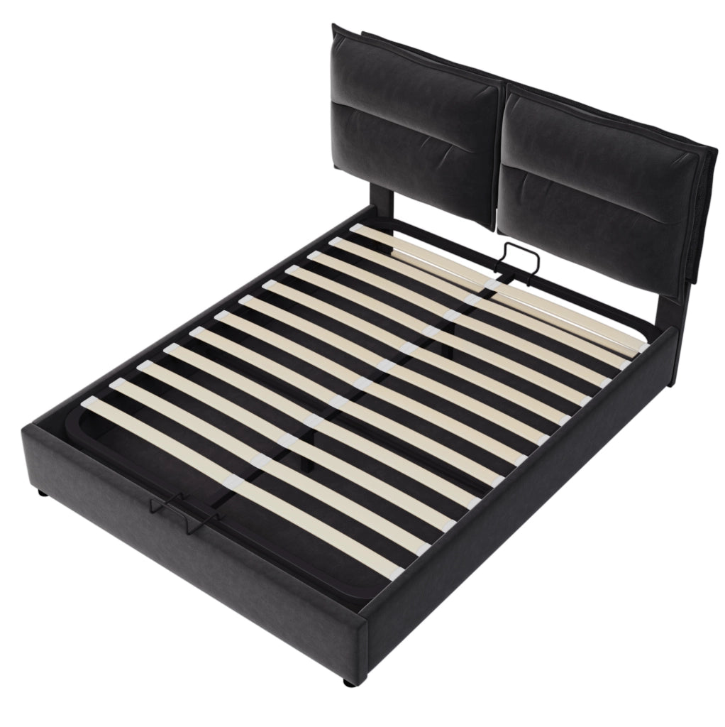 Letto imbottito 140x200 cm con contenitore e testiera regolabile; nero