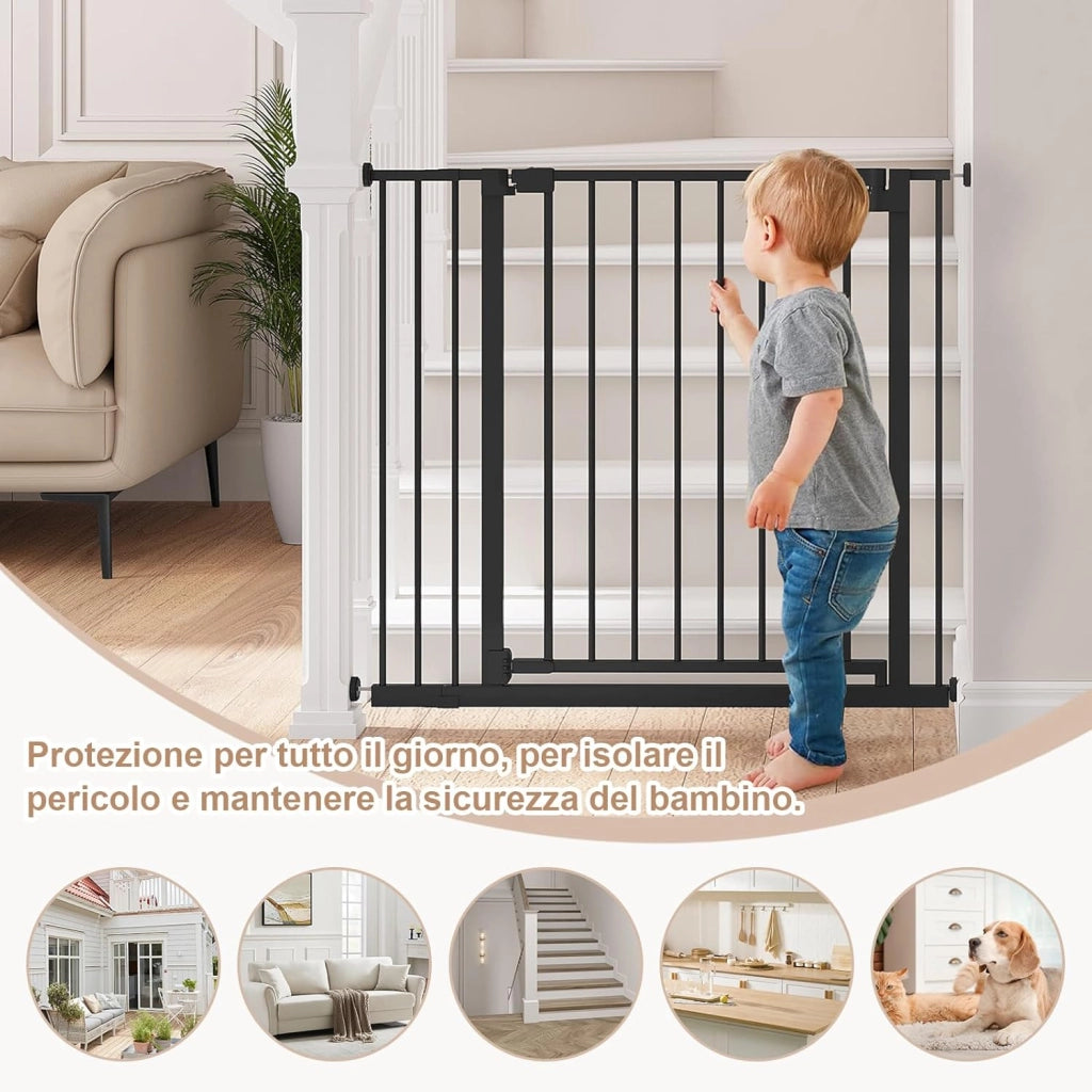 Cancelletto per Bambini in Metallo, Cancello per Scale e Porte 75-97 cm, per Cani, Apertura Bidirezionale, Chiusura Doppia, Montaggio con o senza Fori, Nero