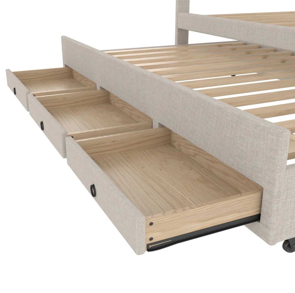 Letto matrimoniale imbottito 140x200 cm beige con letto estraibile e 3 cassetti