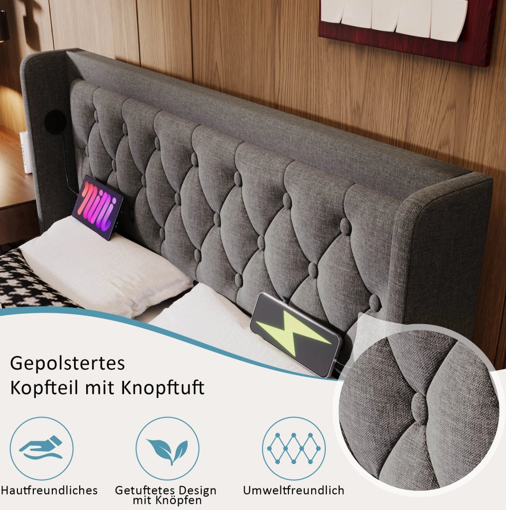 Letto matrimoniale contenitore 140x200 cm grigio con LED e USB-C