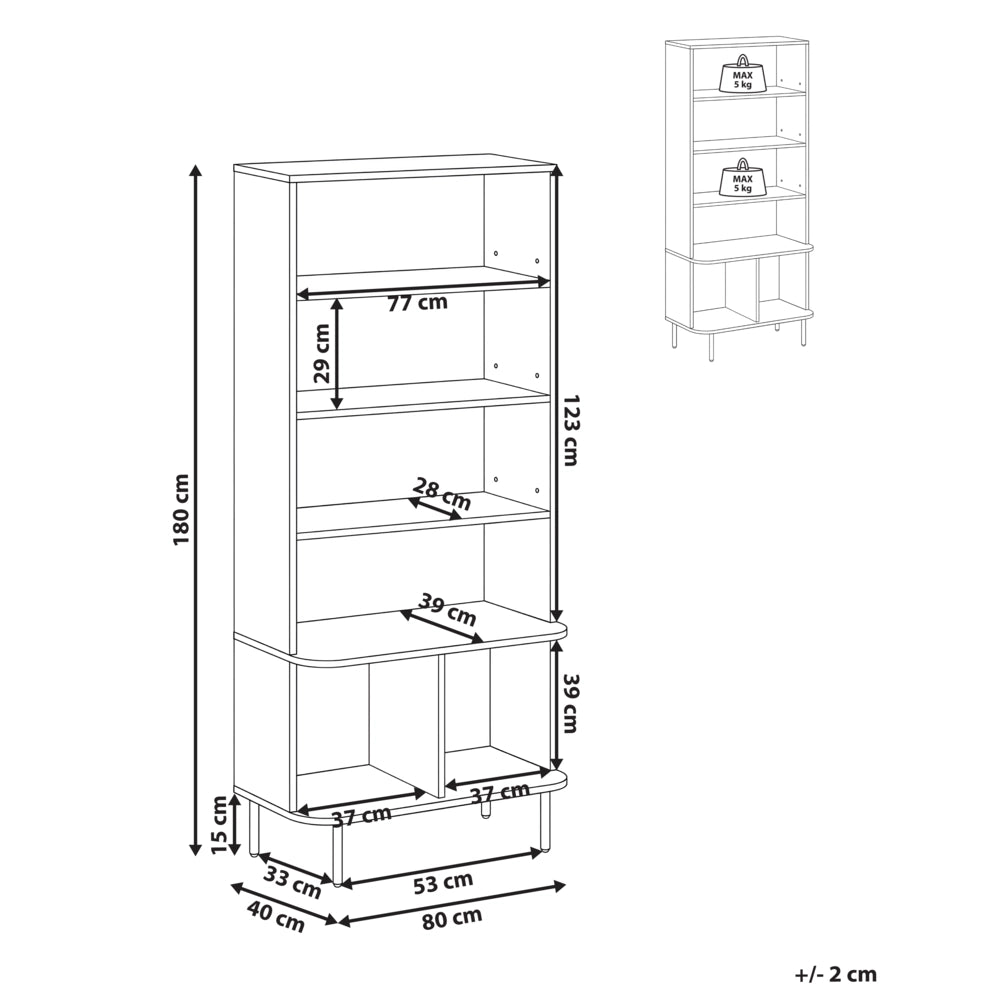 Libreria a 5 ripiani in MDF, impiallacciatura di carta, truciolato e ferro laminato, colore marrone scuro