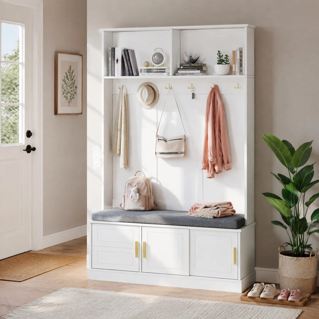 Appendiabiti da ingresso con panca portascarpe, 6 ganci, bianco, 120¡Á40¡Á191 cm