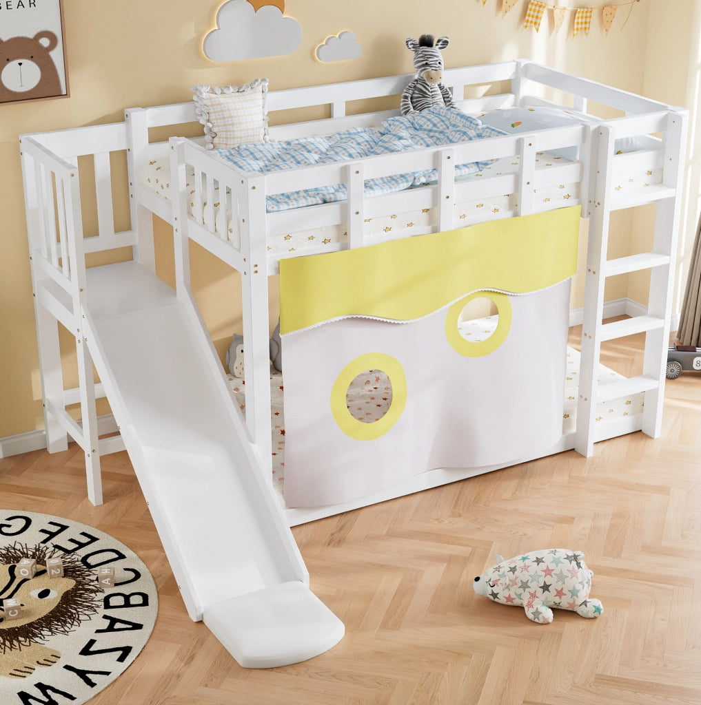 Letto a castello bianco 90x200 cm con scivolo e tende