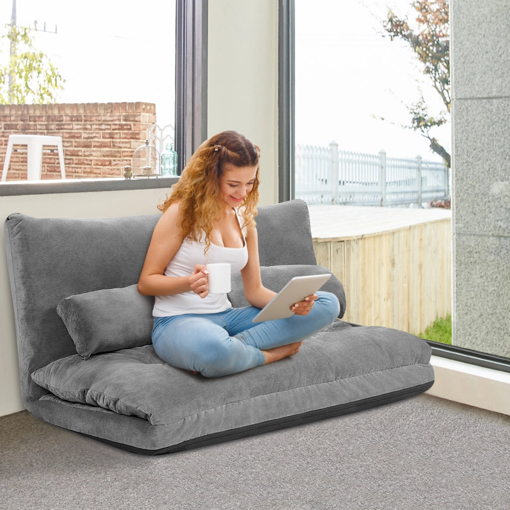 Divano da terra regolabile in 6 posizioni con 2 cuscini-Divano letto durevole e stabile con fodera in camoscio Grigio costway2