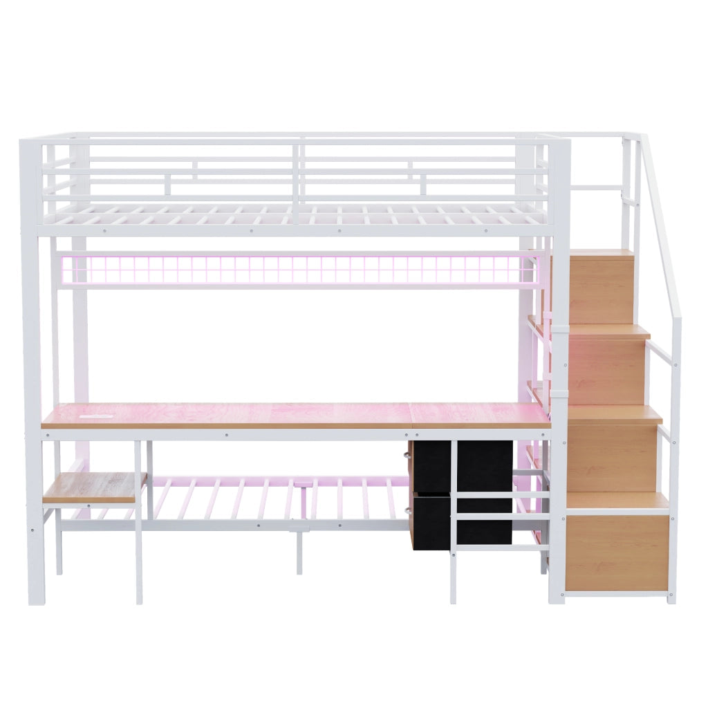 DESMIU Letto a soppalco 2 posti con scrivania, LED, prese, vano portaoggetti e 2 cassetti 140 × 200 e 90 × 200 cm senza materasso