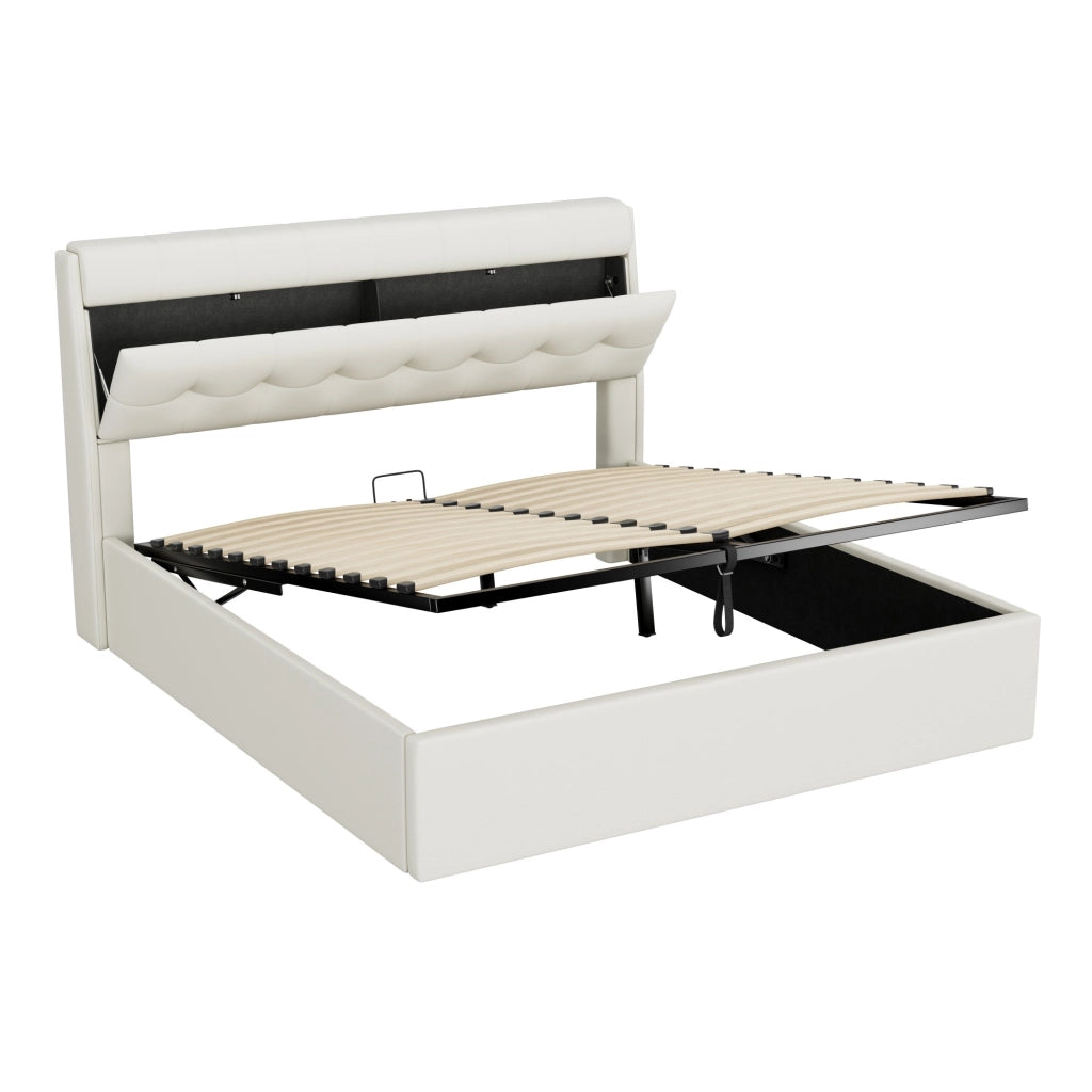 OKWISH Letto Contenitore 160×200 cm, Letto Matrimoniale con Vano Nascosto, Alzata Idraulica e Rete a Doghe, senza Materasso, PU, Bianco