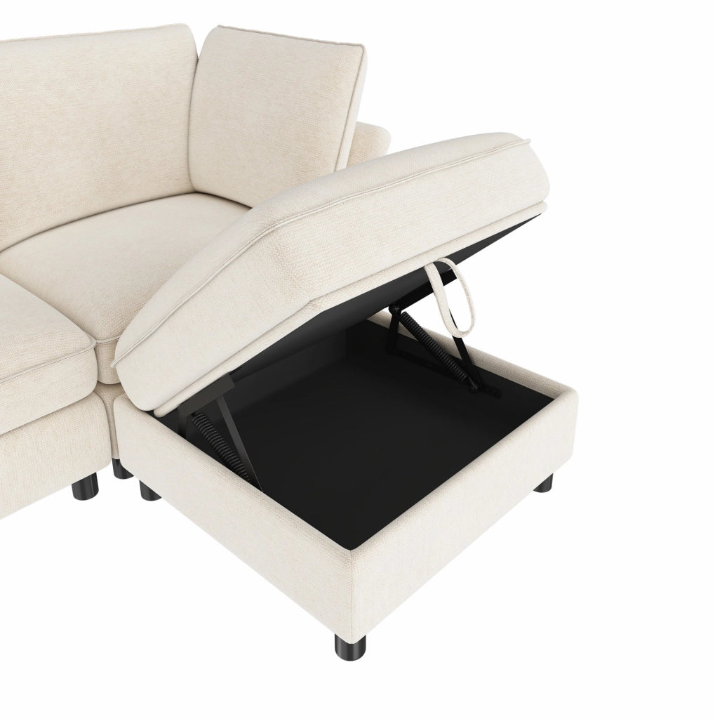 Divano modulare ad angolo a L con pouf contenitore, tessuto chenille beige, 4 posti, con 2 cuscini bracciolo