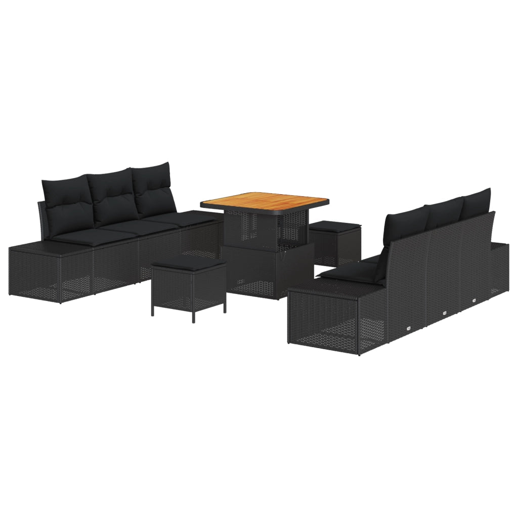 Set Divano da Giardino 9 Pezzi con Cuscini Nero Polyrattan Acacia