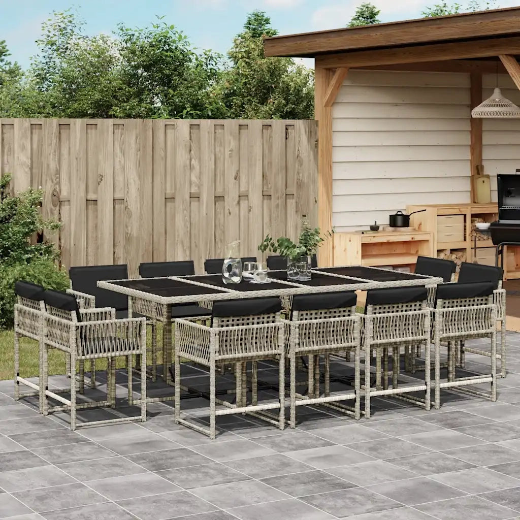 Set da Pranzo da Giardino 13pz con Cuscini Grigio in Polyrattan