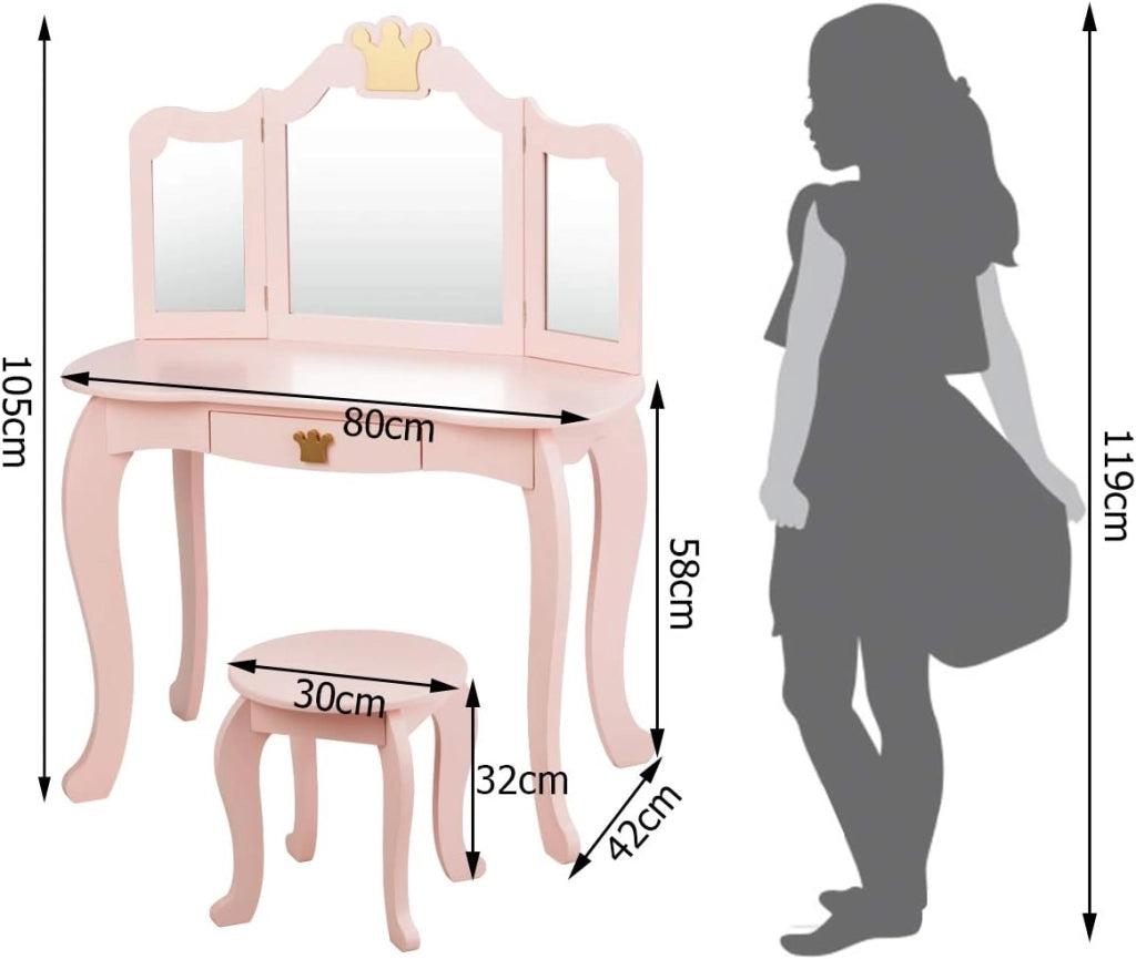 Set Toeletta Trucco e Sedia per Bambine - Smontabile Specchio e Cassetto, Toletta Trucco 2 in 1, 80 x 42 x 105 cm, Rosa