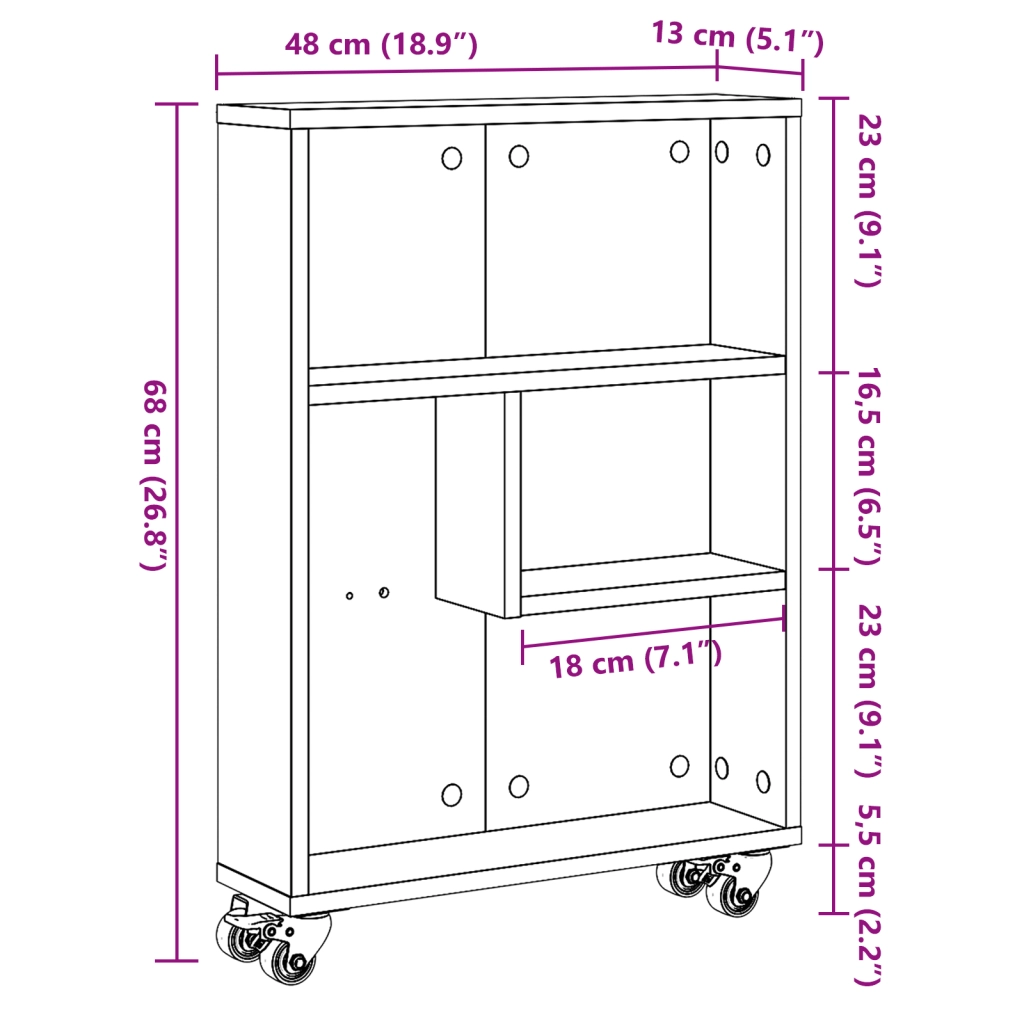 Carrello di Stoccaggio Stretto Quercia Nera 48x13x68 cm Legno Ingegnerizzato