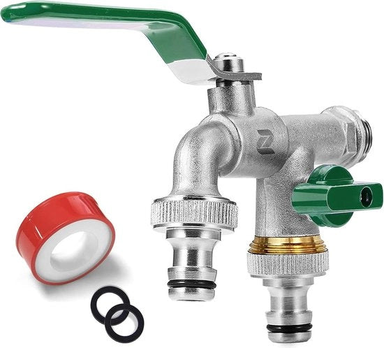 Premiale Irrigatore Esterno a Doppia Manovella in Ottone - Resistente all'Ossidazione e alla Temperatura Elevata - 2 Connettori - Nastro di Sigillatura per la Cassetta - Articolo di Giunto e Valvola di Sifone - Per Giardino (Orticola)