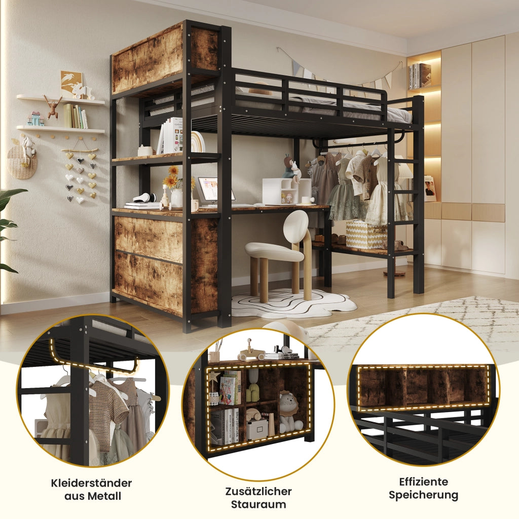 Letto a soppalco 90 × 200 cm con scrivania, guardaroba, ripiani e vani portaoggetti, senza materasso, nero