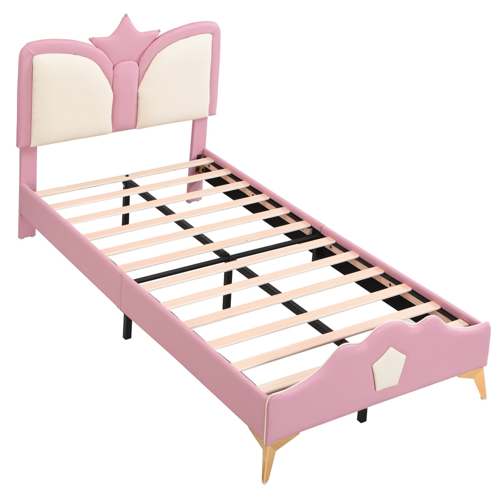 Letto per bambini imbottito 90x200 cm in rosa e bianco, testiera a forma di corona, struttura in PU e ferro