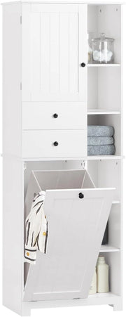 Mobile Bagno con Cesto per Linge Mobile Rangemento Alto Armadio Bagno con 6 Ripiani e 2 Cassetti Mobiletto Salvaspazio Bianco 60x37x171 cm BZR104-W